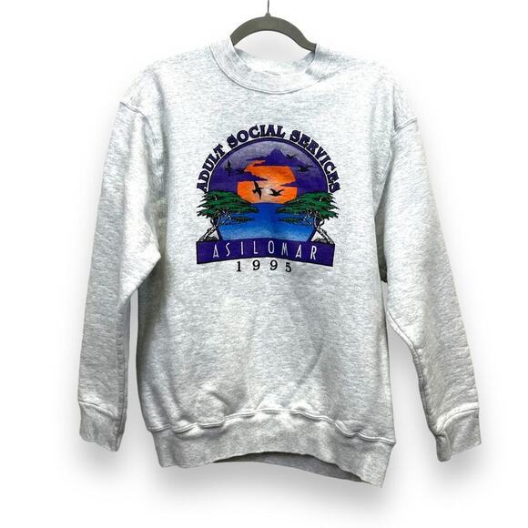 Vintage 90s Sweatshirt Mens Large Crewneck Grey Screen Print Fruit of the Loom - Picture 1 of 8